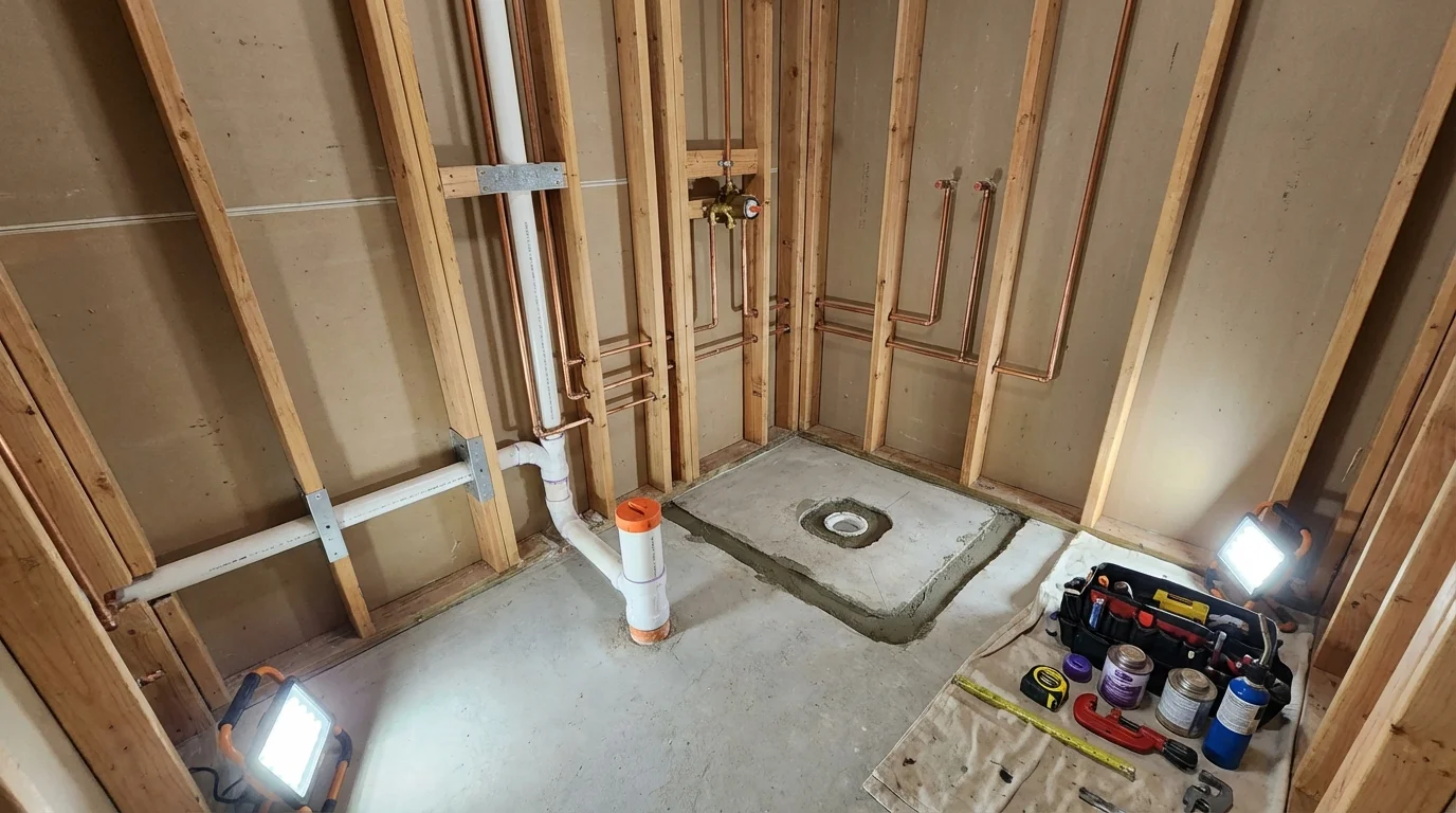 Bathroom rough-in plumbing during remodel by Johns Plumbing LLC in Saylorsburg