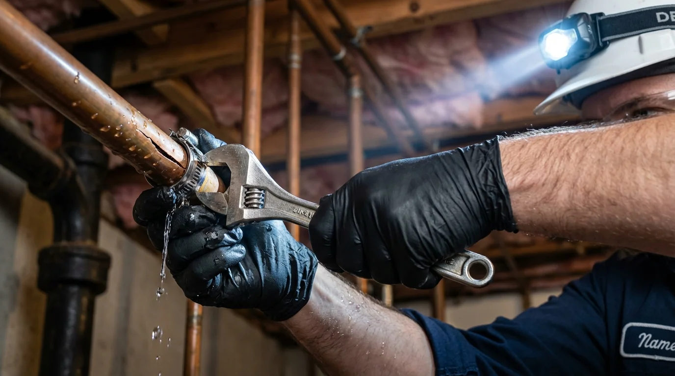 Emergency pipe clamp repair being performed by a Johns Plumbing LLC plumber in Saylorsburg