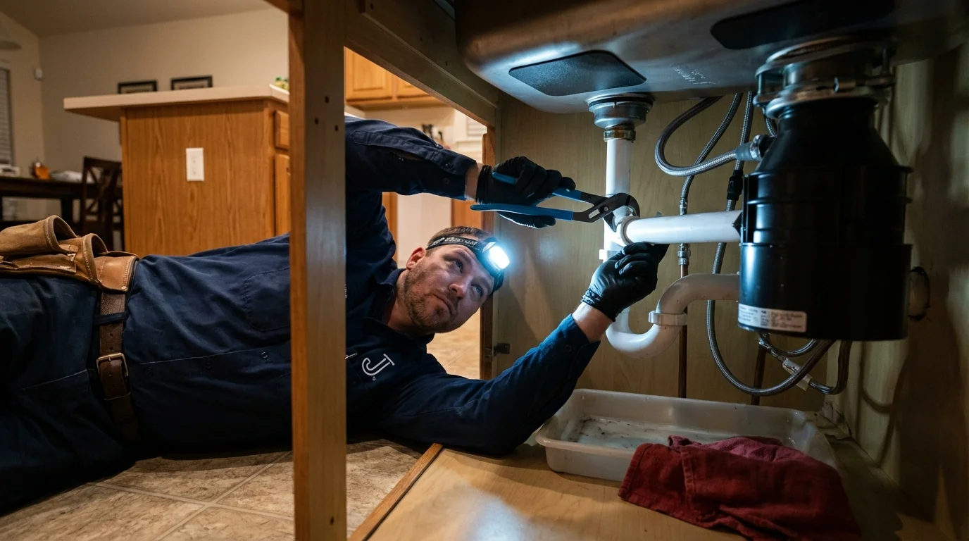 P-trap and supply line connections under a kitchen sink showing a common leak point in Saylorsburg, PA